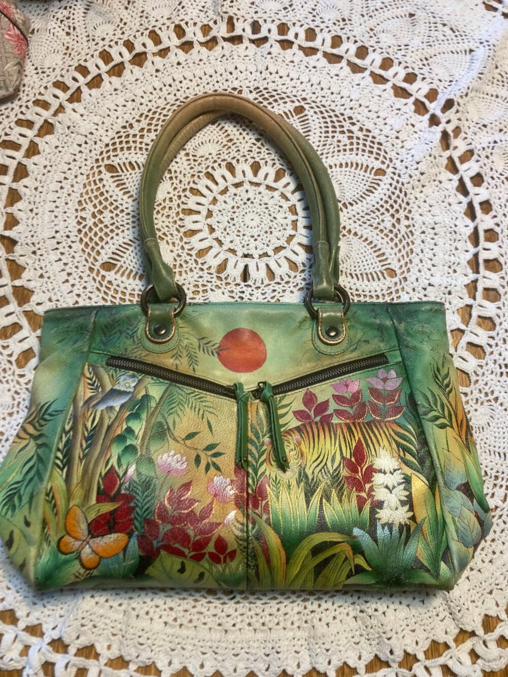 Anuschka Hand-Painted Leather Tiger Bag – Jungle Beauty with Butterflies!